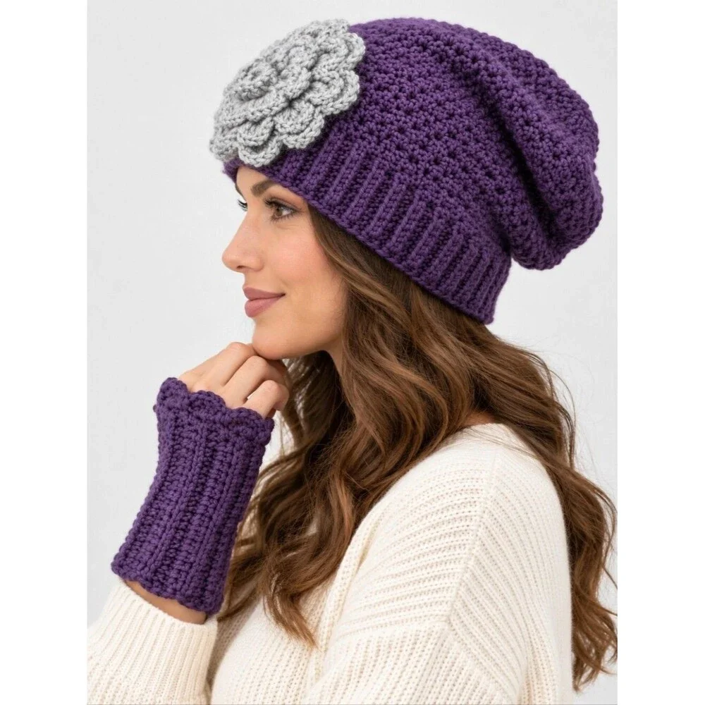 NWOT Handmade Women's Purple Knit Beanie Hat & Wrist Warmers Set, Gray Flower